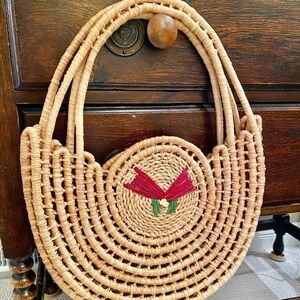 Cute Boho Straw Floral Circle Tote Bag